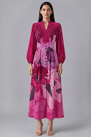 Berry Pink Linen Abstract Printed Dress by CLOS