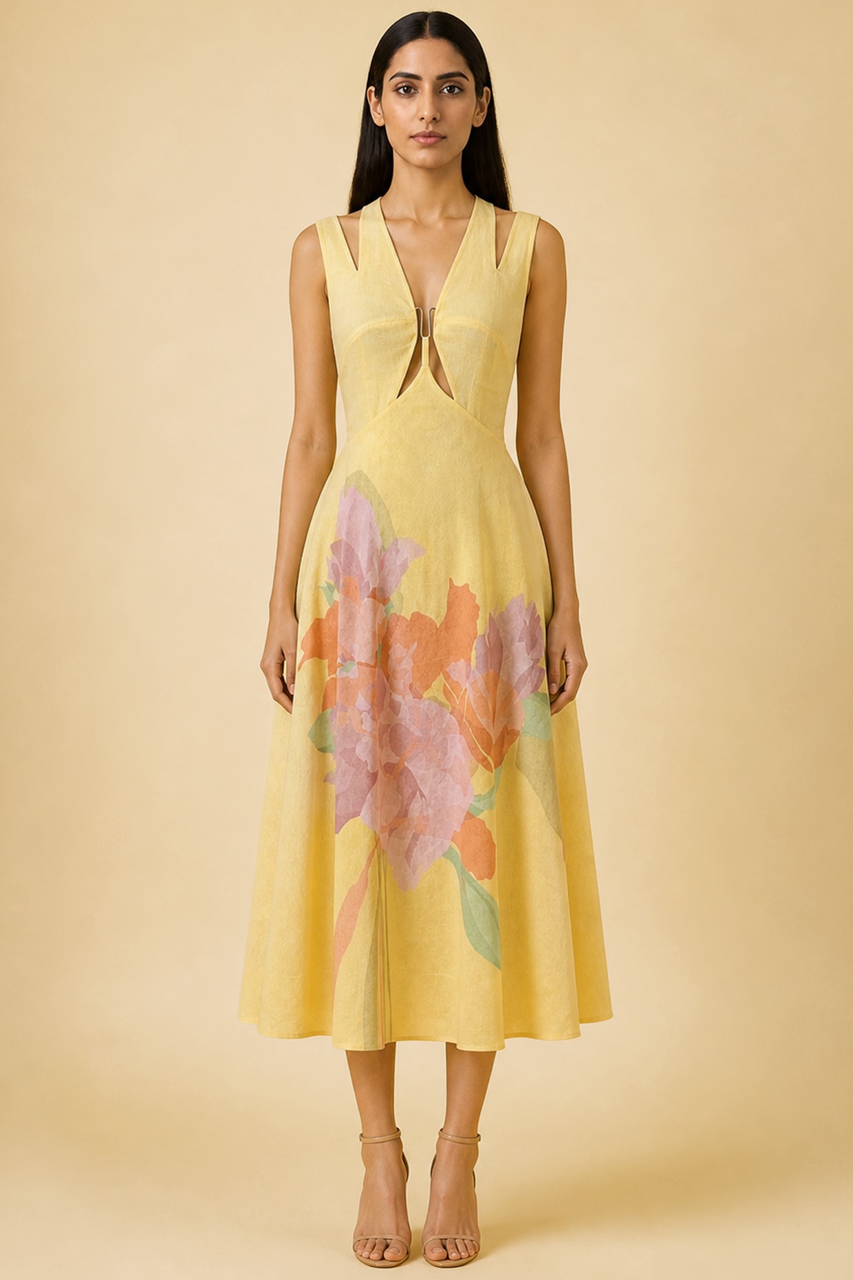 CLOS Butter Yellow Linen Abstract Printed Dress