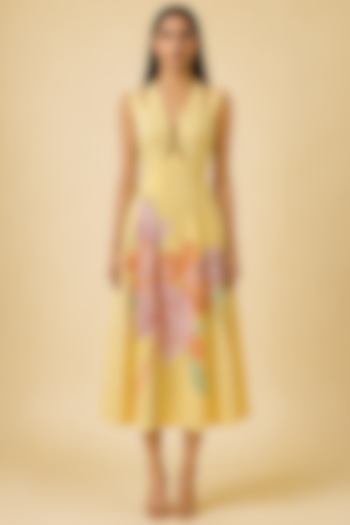 Butter Yellow Linen Abstract Printed Vacation Dress by CLOS at Pernia's Pop Up Shop