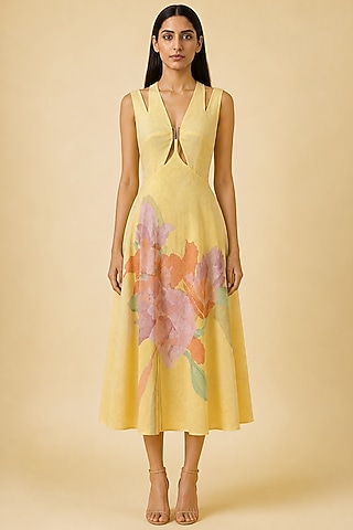 Butter Yellow Linen Abstract Printed Dress by CLOS