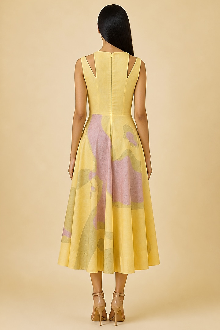 Butter Yellow Linen Abstract Printed Vacation Dress by CLOS at Pernia's Pop Up Shop