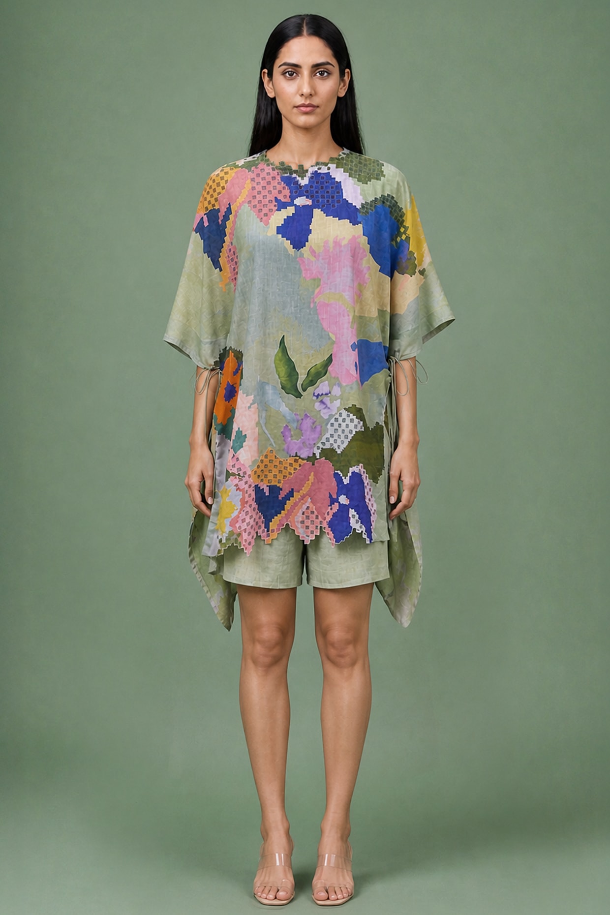 CLOS Sage Olive Korean Linen Ikat Printed Co-Ord Set