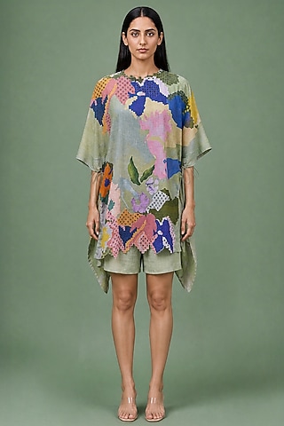Sage Olive Korean Linen Ikat Printed Co-Ord Set by CLOS