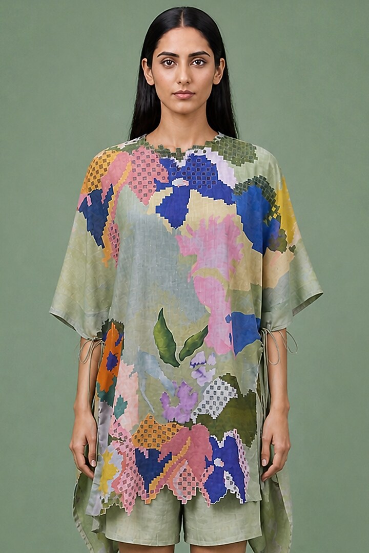 Sage Olive Korean Linen Ikat Printed Co-Ord Set by CLOS at Pernia's Pop Up Shop