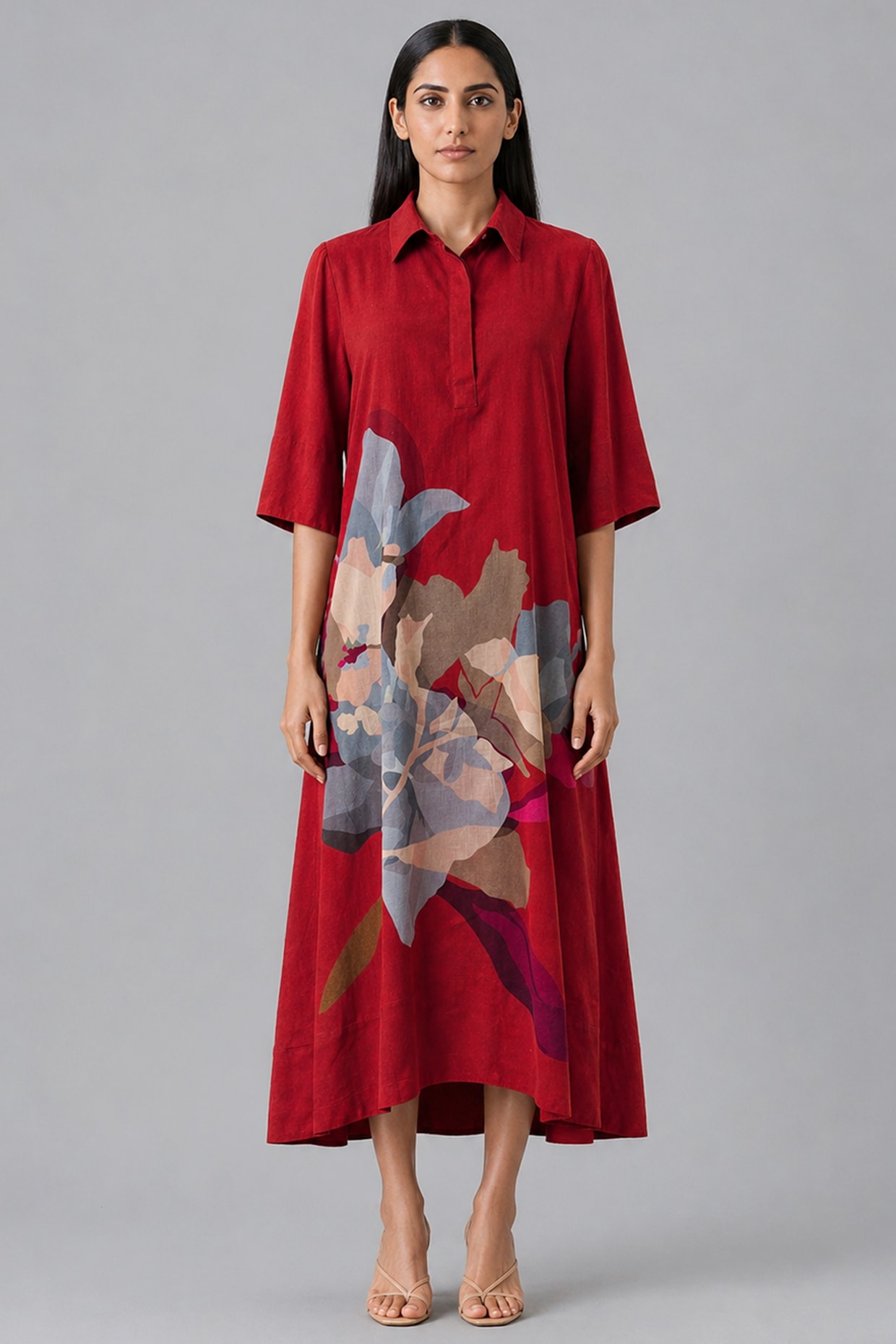 CLOS Crimson Red Korean Linen Abstract Printed Dress