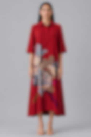 Crimson Red Korean Linen Abstract Printed Summer Dress by CLOS at Pernia's Pop Up Shop
