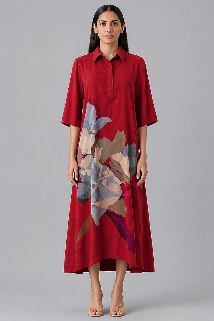 Crimson Red Korean Linen Abstract Printed Summer Dress by CLOS at Pernia's Pop Up Shop
