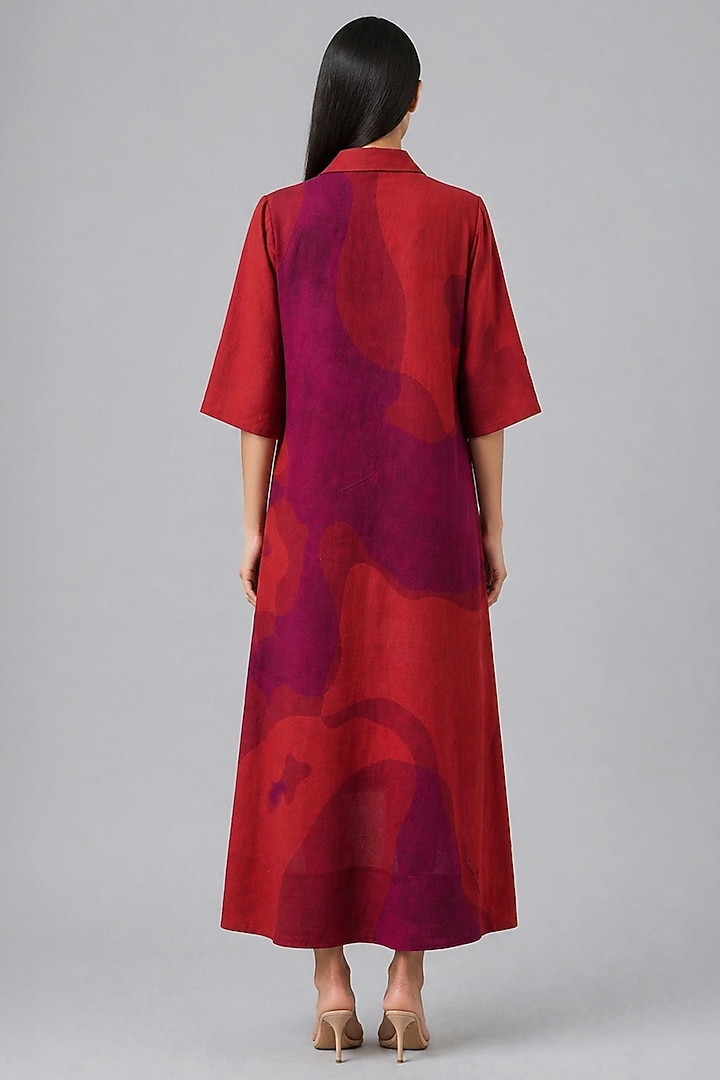 Crimson Red Korean Linen Abstract Printed Summer Dress by CLOS at Pernia's Pop Up Shop