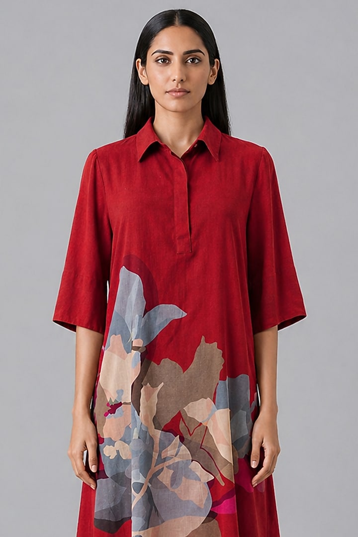 Crimson Red Korean Linen Abstract Printed Summer Dress by CLOS at Pernia's Pop Up Shop