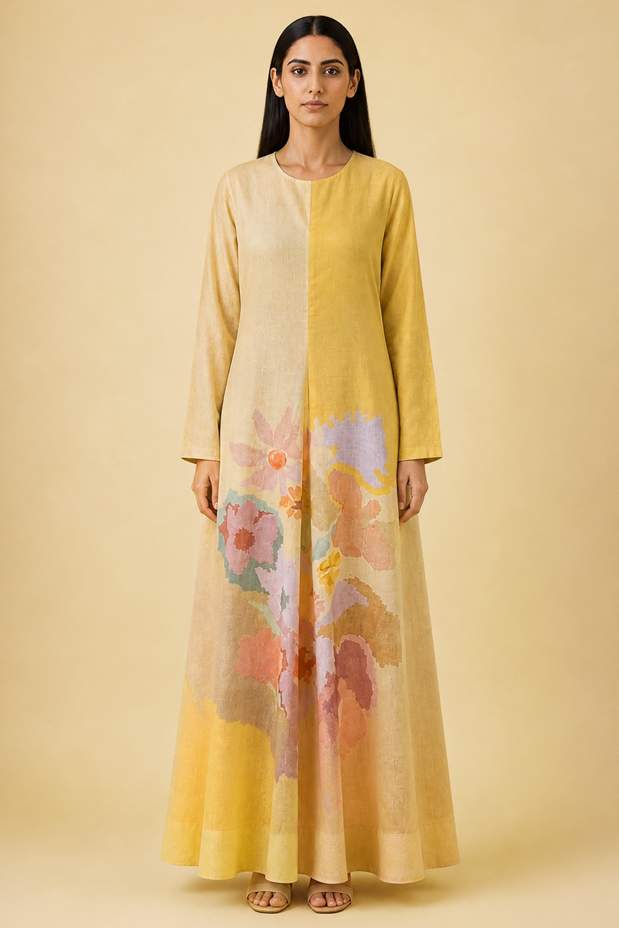 CLOS Honey Gold Korean Linen Abstract Floral Printed Dress