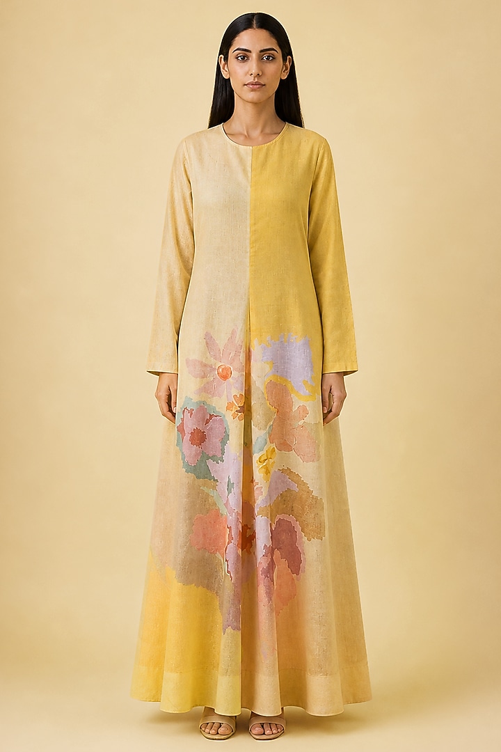 Honey Gold Korean Linen Abstract Floral Printed Vacation Dress by CLOS at Pernia's Pop Up Shop