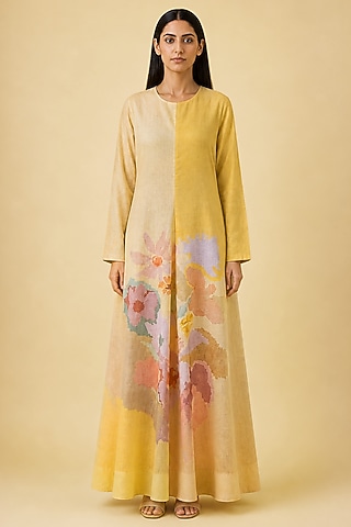Honey Gold Korean Linen Abstract Floral Printed Dress by CLOS