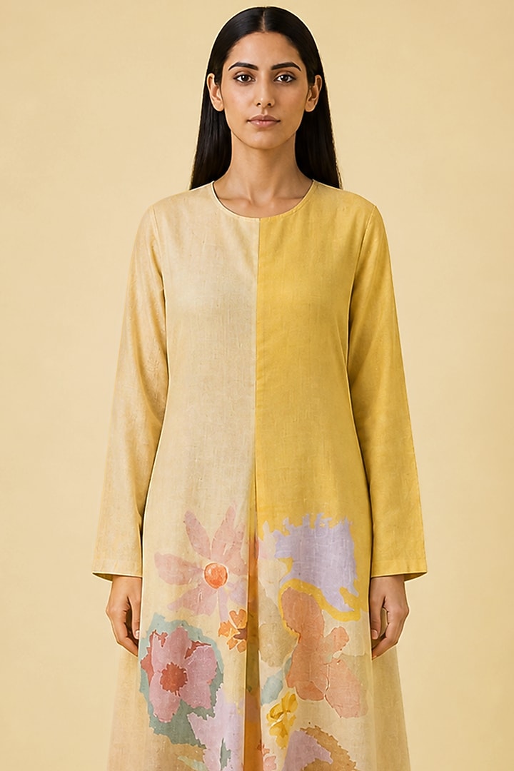 Honey Gold Korean Linen Abstract Floral Printed Vacation Dress by CLOS at Pernia's Pop Up Shop