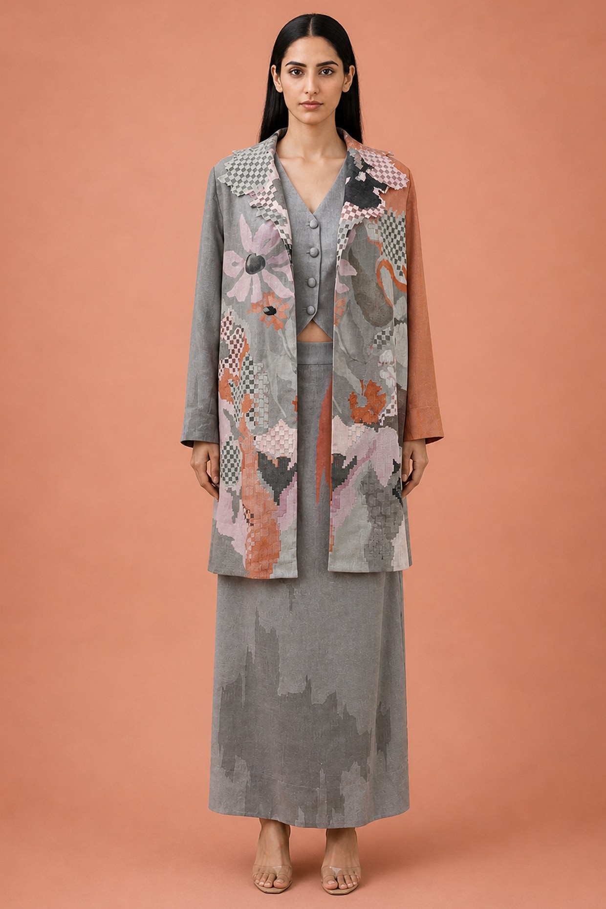 CLOS Ash Rose Grey Korean Linen Abstract Floral Printed Jacket Set