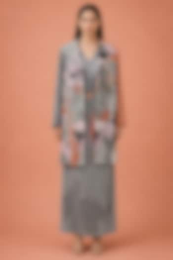Ash Rose Grey Korean Linen Abstract Floral Printed Jacket Set by CLOS at Pernia's Pop Up Shop
