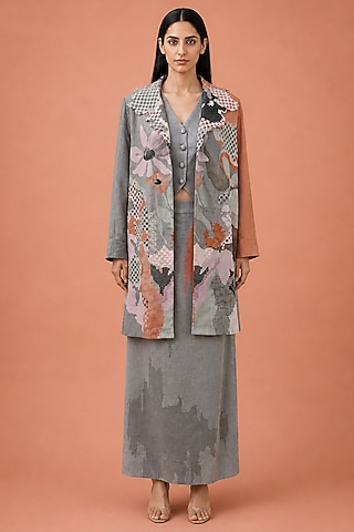 Ash Rose Grey Korean Linen Abstract Floral Printed Jacket Set by CLOS
