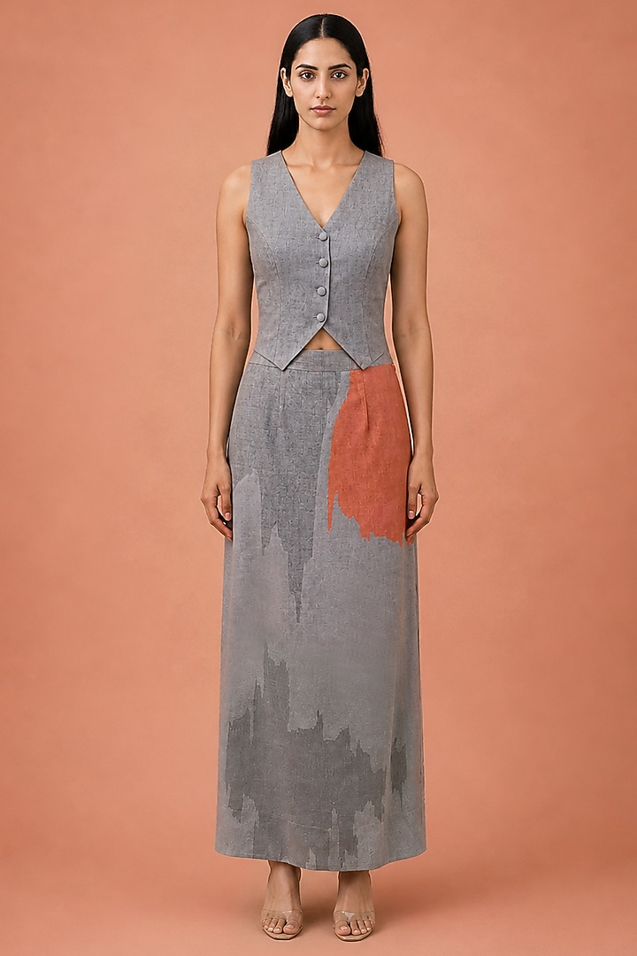 Ash Rose Grey Korean Linen Abstract Floral Printed Jacket Set by CLOS at Pernia's Pop Up Shop