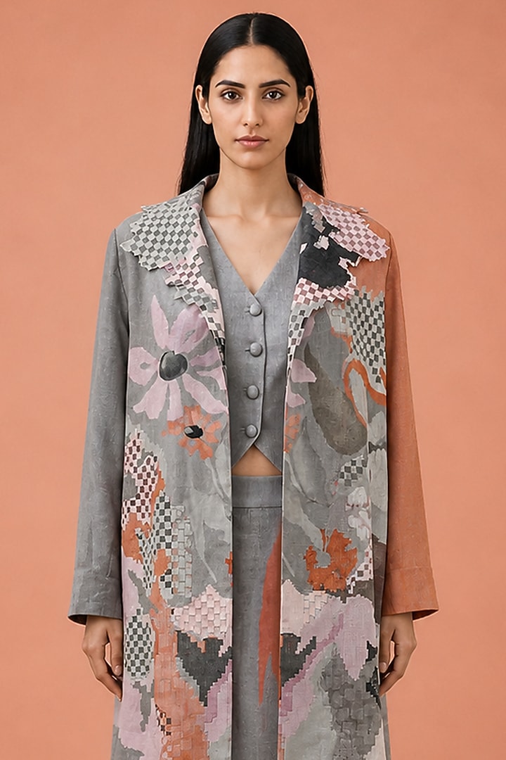 Ash Rose Grey Korean Linen Abstract Floral Printed Jacket Set by CLOS at Pernia's Pop Up Shop