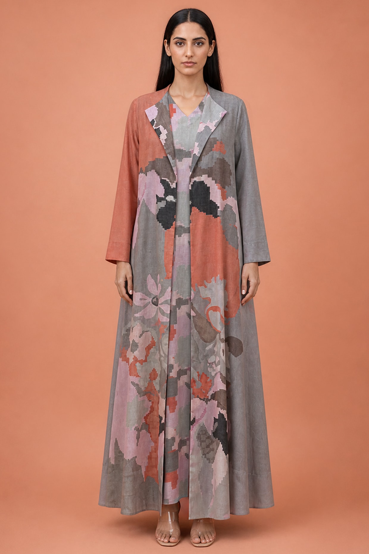 CLOS Coral Grey Korean Linen Abstract Printed Jacket Dress