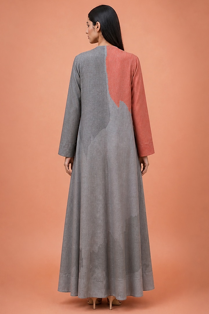 Coral Grey Korean Linen Abstract Printed Jacket Dress by CLOS at Pernia's Pop Up Shop