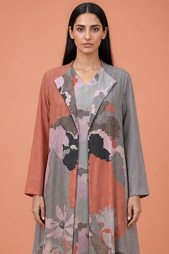 Coral Grey Korean Linen Abstract Printed Jacket Dress by CLOS at Pernia's Pop Up Shop