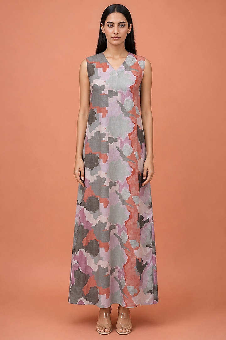 Coral Grey Korean Linen Abstract Printed Jacket Dress by CLOS at Pernia's Pop Up Shop