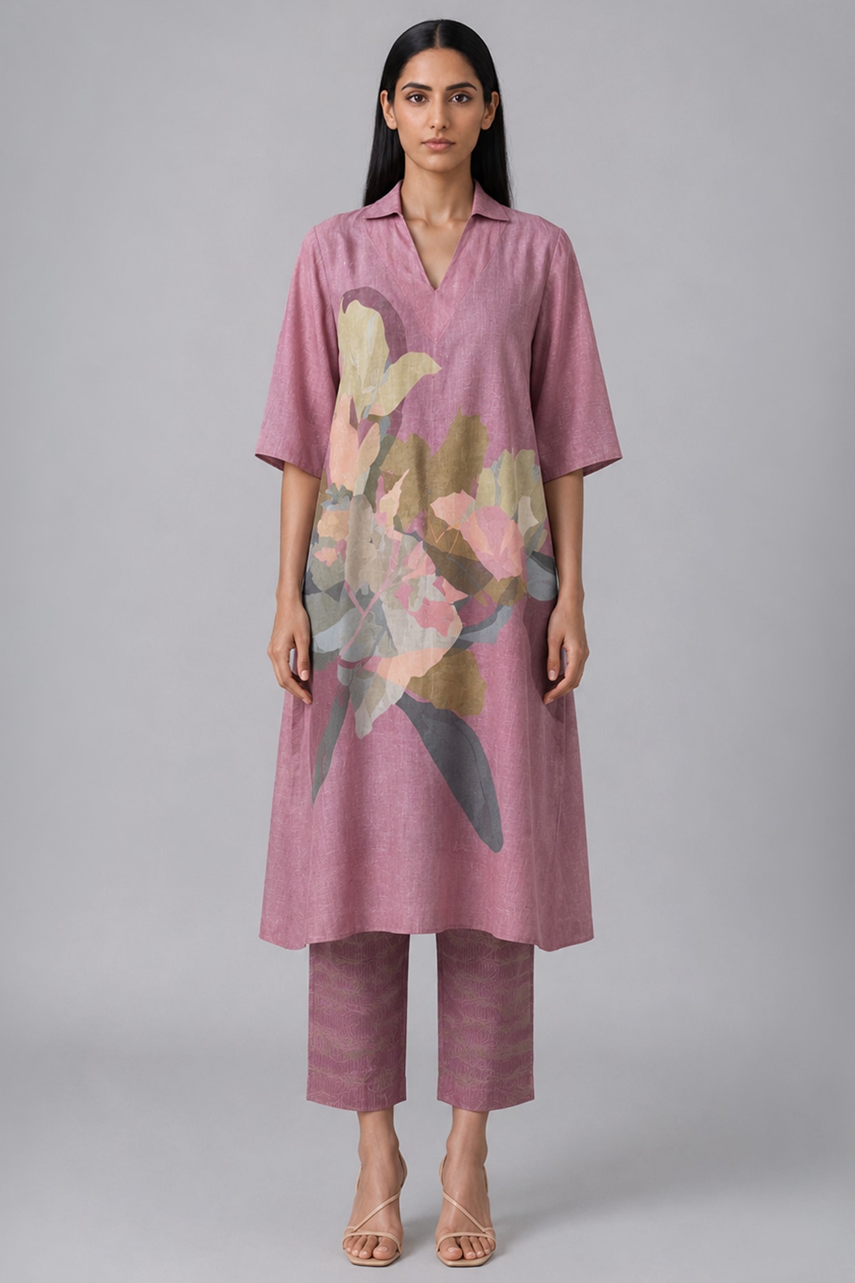 CLOS Rose Mist Korean Linen Floral Printed Kurta Set