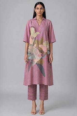 Rose Mist Korean Linen Floral Printed Kurta Set by CLOS