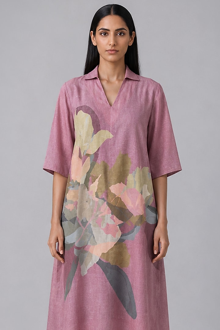 Rose Mist Korean Linen Floral Printed Kurta Set by CLOS at Pernia's Pop Up Shop