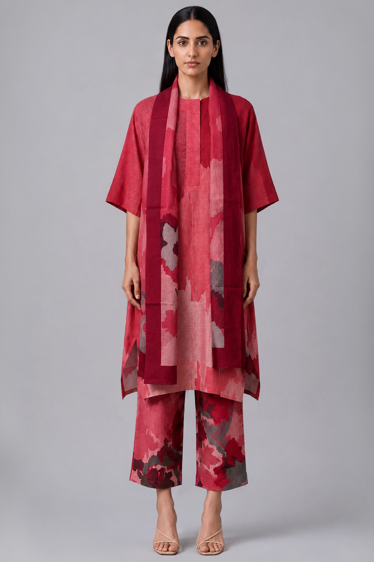 CLOS Crimson Red Korean Linen Floral Printed Kurta Set