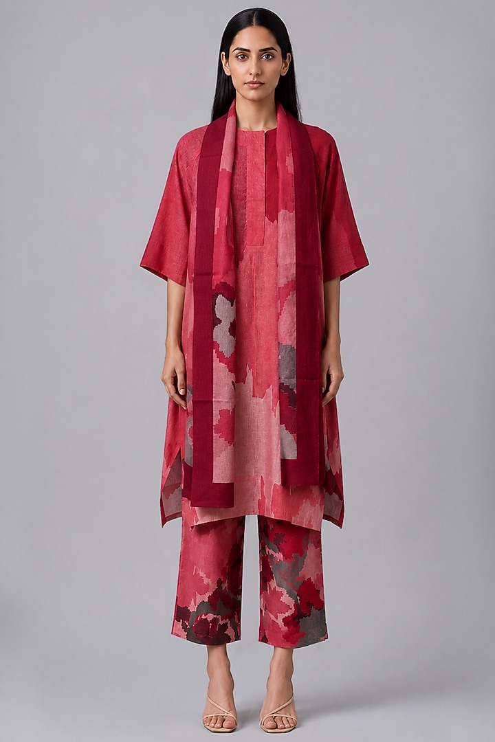 Crimson Red Korean Linen Floral Printed Kurta Set by CLOS at Pernia's Pop Up Shop
