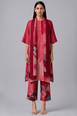 Crimson Red Korean Linen Floral Printed Kurta Set by CLOS
