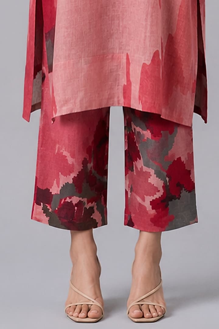 Crimson Red Korean Linen Floral Printed Kurta Set by CLOS at Pernia's Pop Up Shop