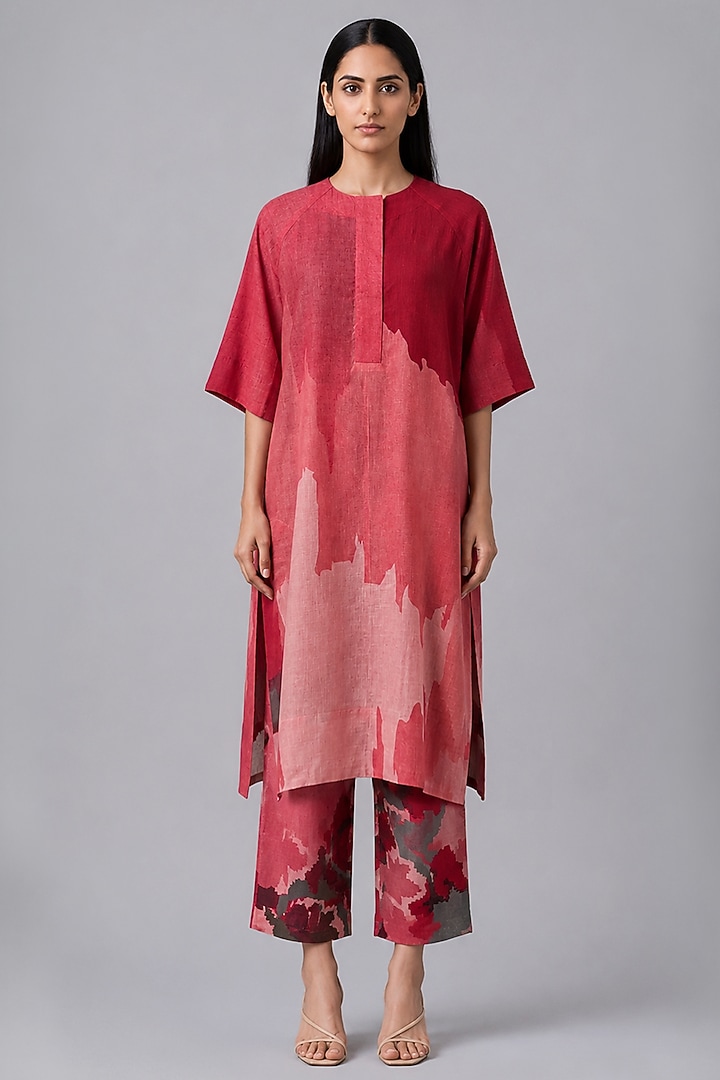 Crimson Red Korean Linen Floral Printed Kurta Set by CLOS at Pernia's Pop Up Shop
