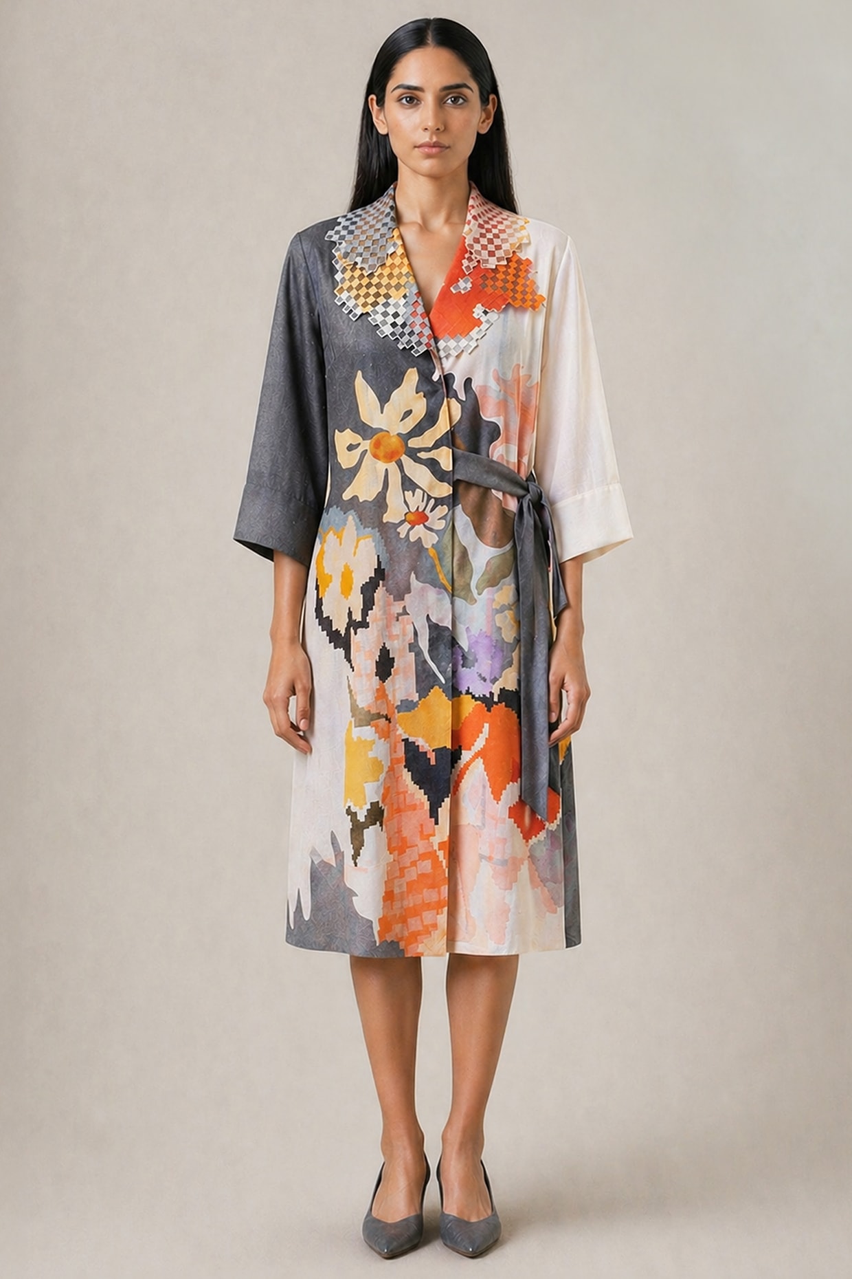 CLOS Slate Ivory Korean Linen Floral Printed Wrapped Dress