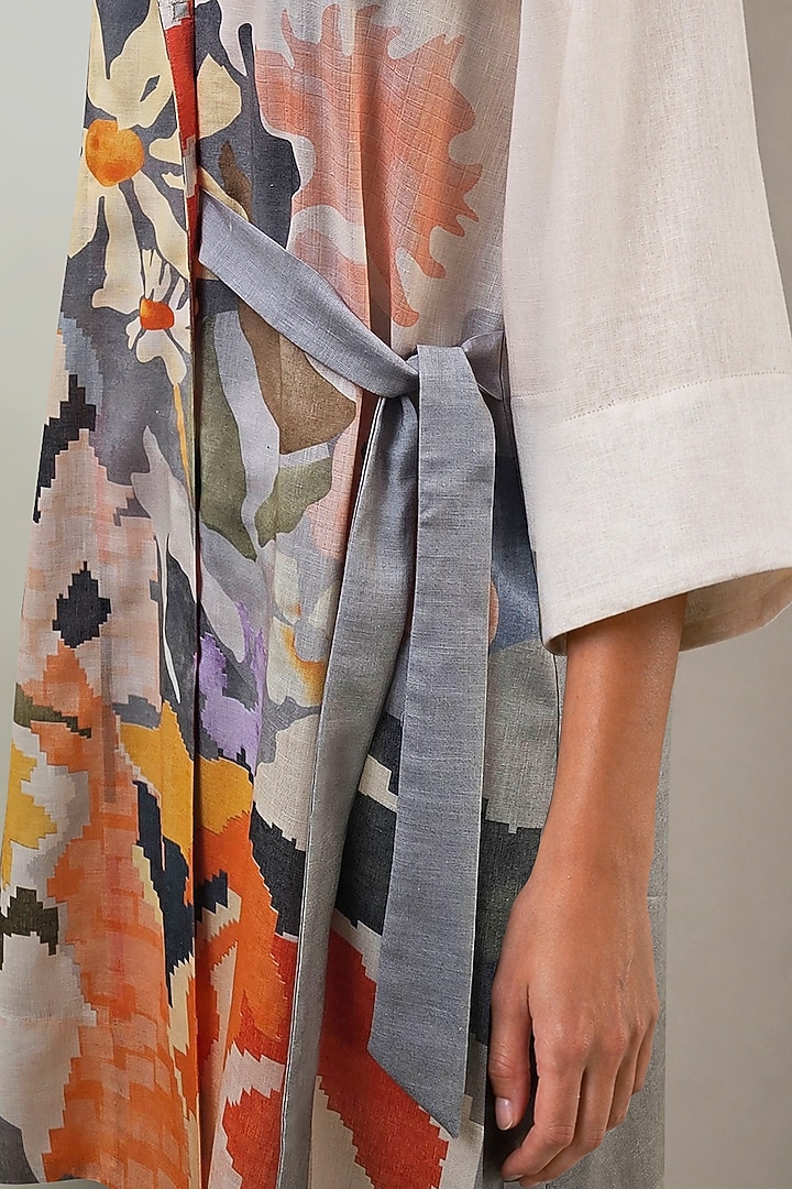 Slate Ivory Korean Linen Floral Printed Wrapped Vacation Dress by CLOS at Pernia's Pop Up Shop