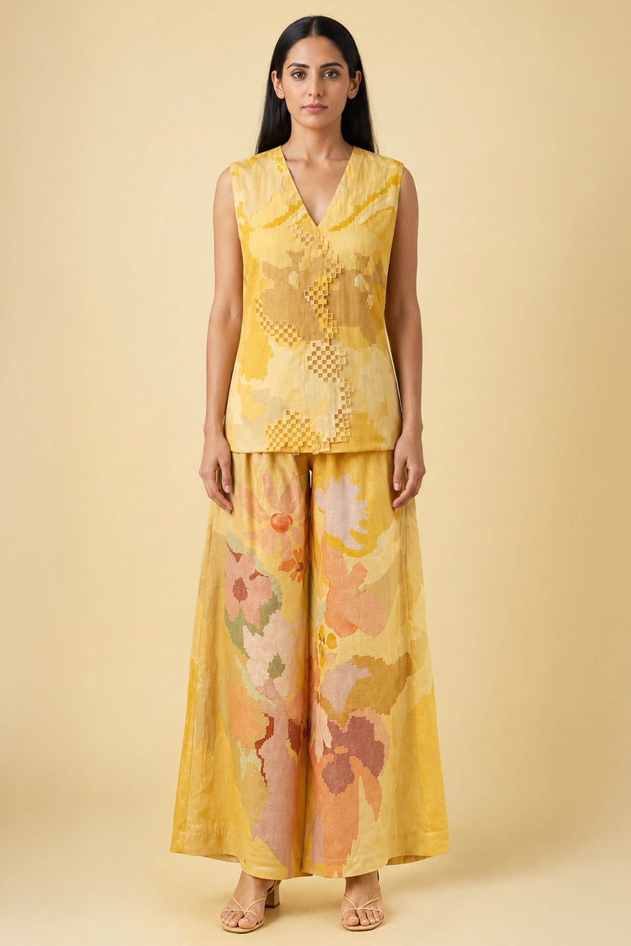 CLOS Honey Gold Korean Linen Ikat Cutwork Kurta Set