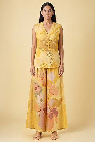 Honey Gold Korean Linen Ikat Cutwork Kurta Set by CLOS