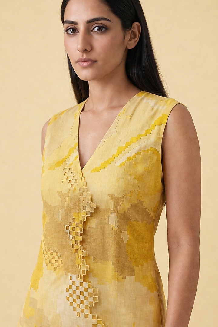 Honey Gold Korean Linen Ikat Cutwork Kurta Set by CLOS at Pernia's Pop Up Shop