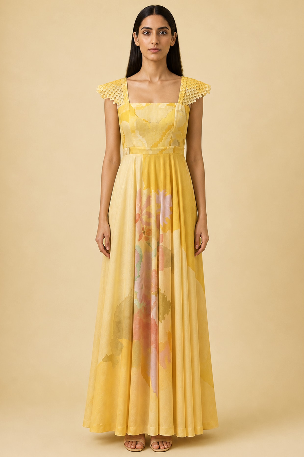 CLOS Honey Gold Korean Linen Abstract Floral Printed Gown
