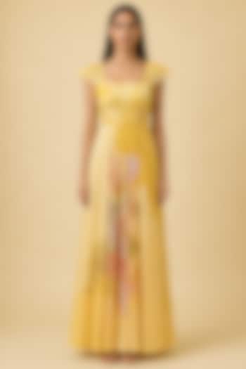 Honey Gold Korean Linen Abstract Floral Printed Gown by CLOS at Pernia's Pop Up Shop