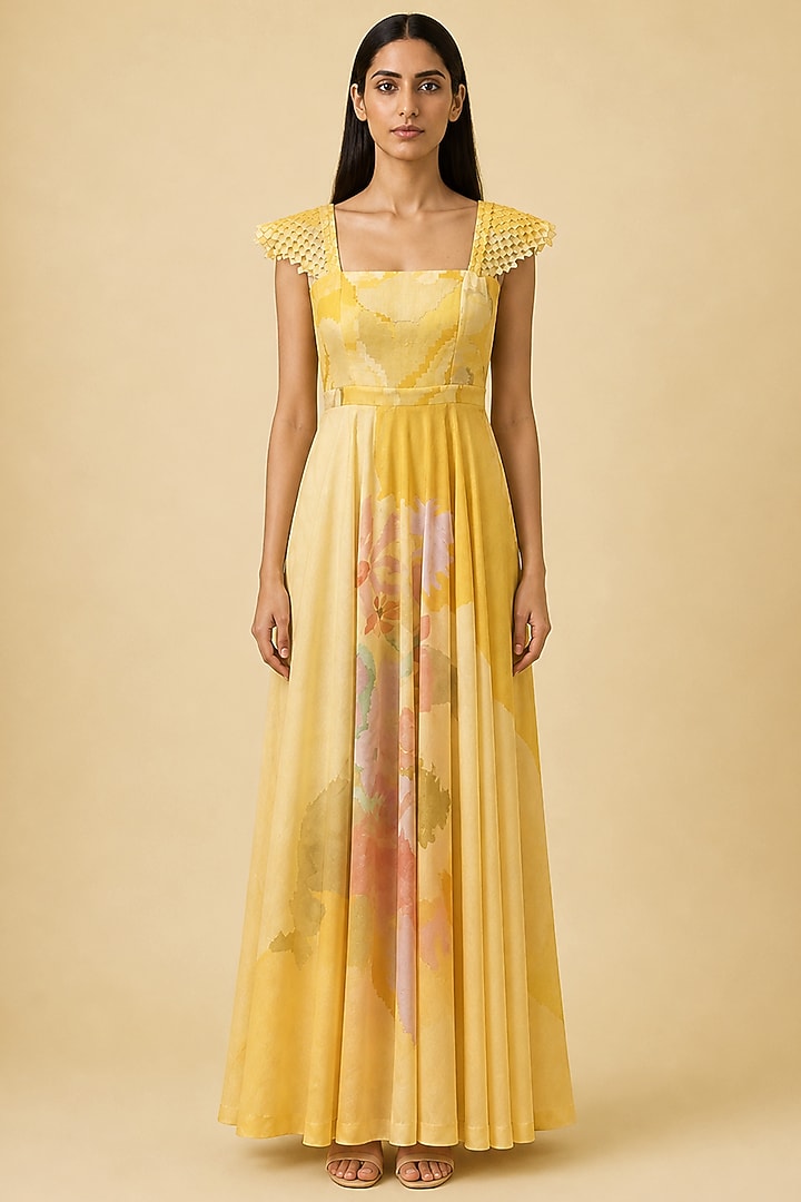 Honey Gold Korean Linen Abstract Floral Printed Gown by CLOS at Pernia's Pop Up Shop