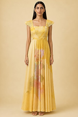 Honey Gold Korean Linen Abstract Floral Printed Gown by CLOS
