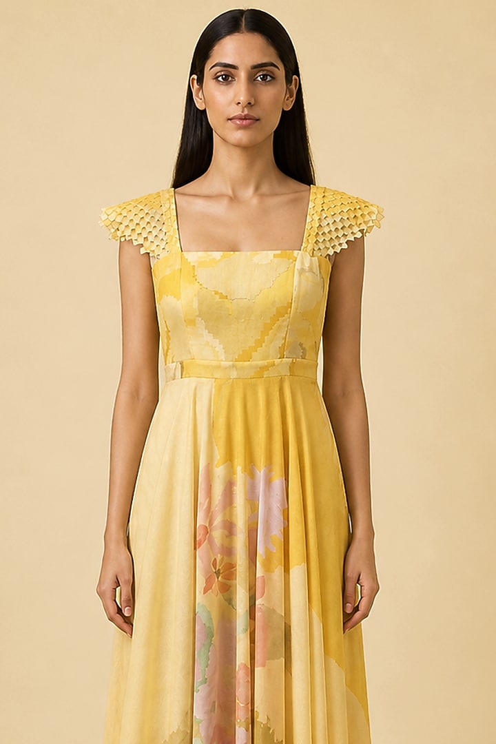 Honey Gold Korean Linen Abstract Floral Printed Gown by CLOS at Pernia's Pop Up Shop