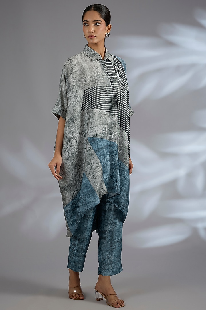 Grey Dupion Silk Asymmetrical Kurta Set by CLOS at Pernia's Pop Up Shop