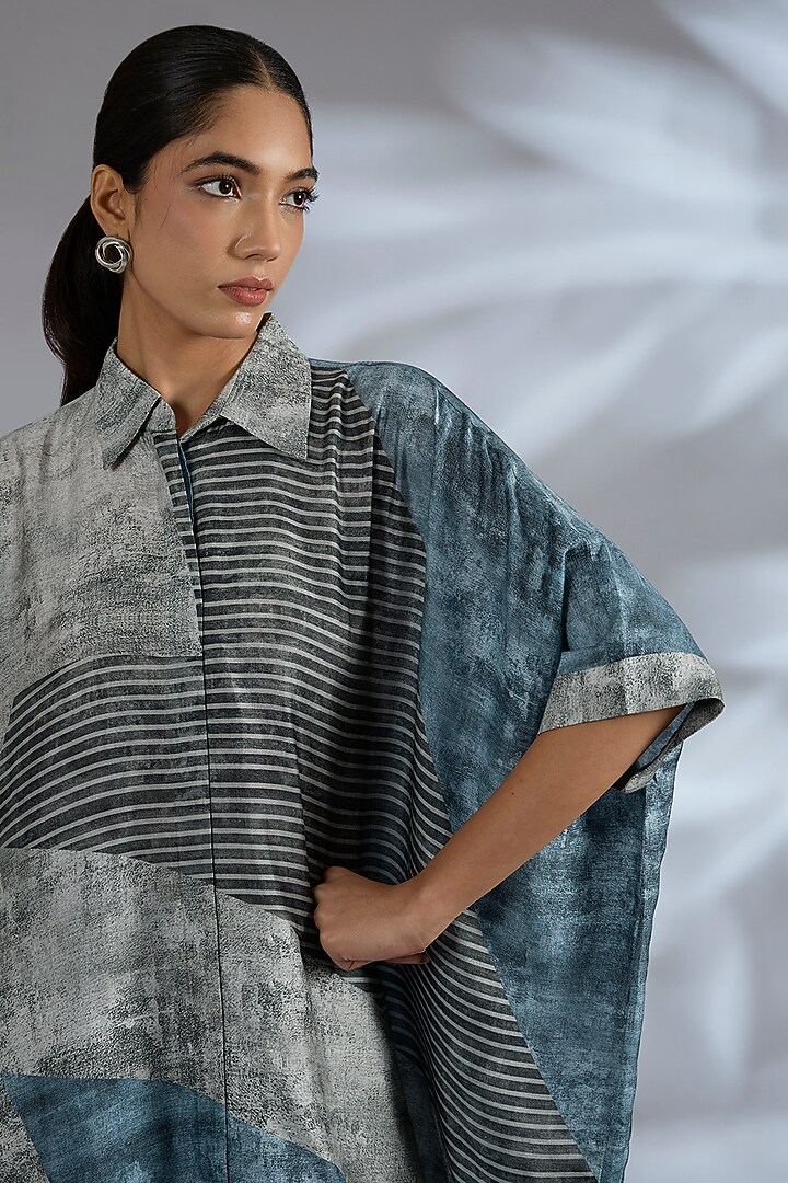Grey Dupion Silk Asymmetrical Kurta Set by CLOS at Pernia's Pop Up Shop