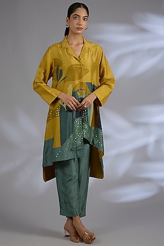 Yellow Dupion Silk Asymmetrical Kurta Set by CLOS