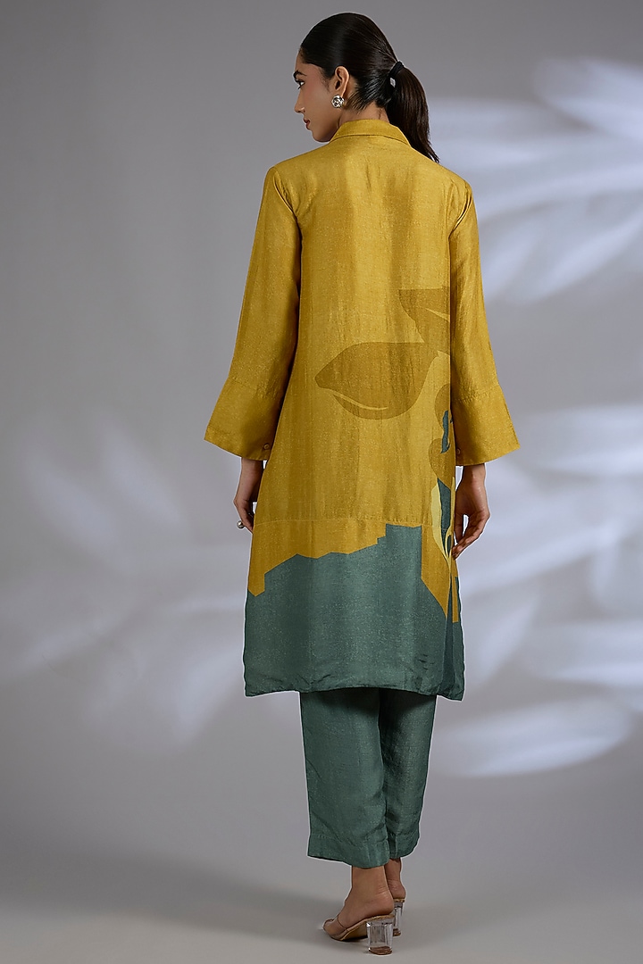 Yellow Dupion Silk Asymmetrical Kurta Set by CLOS at Pernia's Pop Up Shop