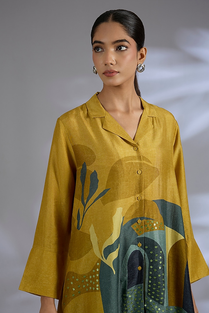 Yellow Dupion Silk Asymmetrical Kurta Set by CLOS at Pernia's Pop Up Shop