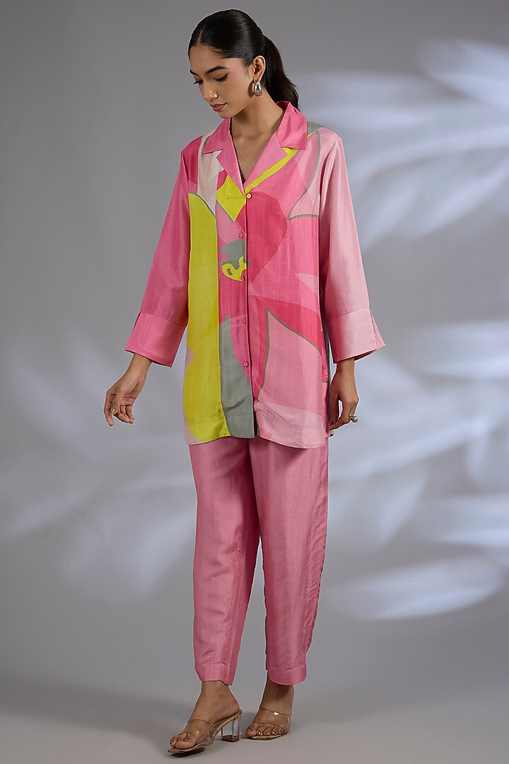 Pink Dupion Silk Asymmetrical Kurta Set by CLOS at Pernia's Pop Up Shop